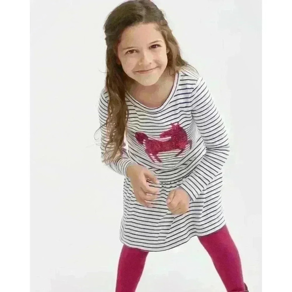 Joules Other - Joules Girl's Paula Dress Navy Stripe Dropped Waist Sequin Pink Horse Sz 11-12